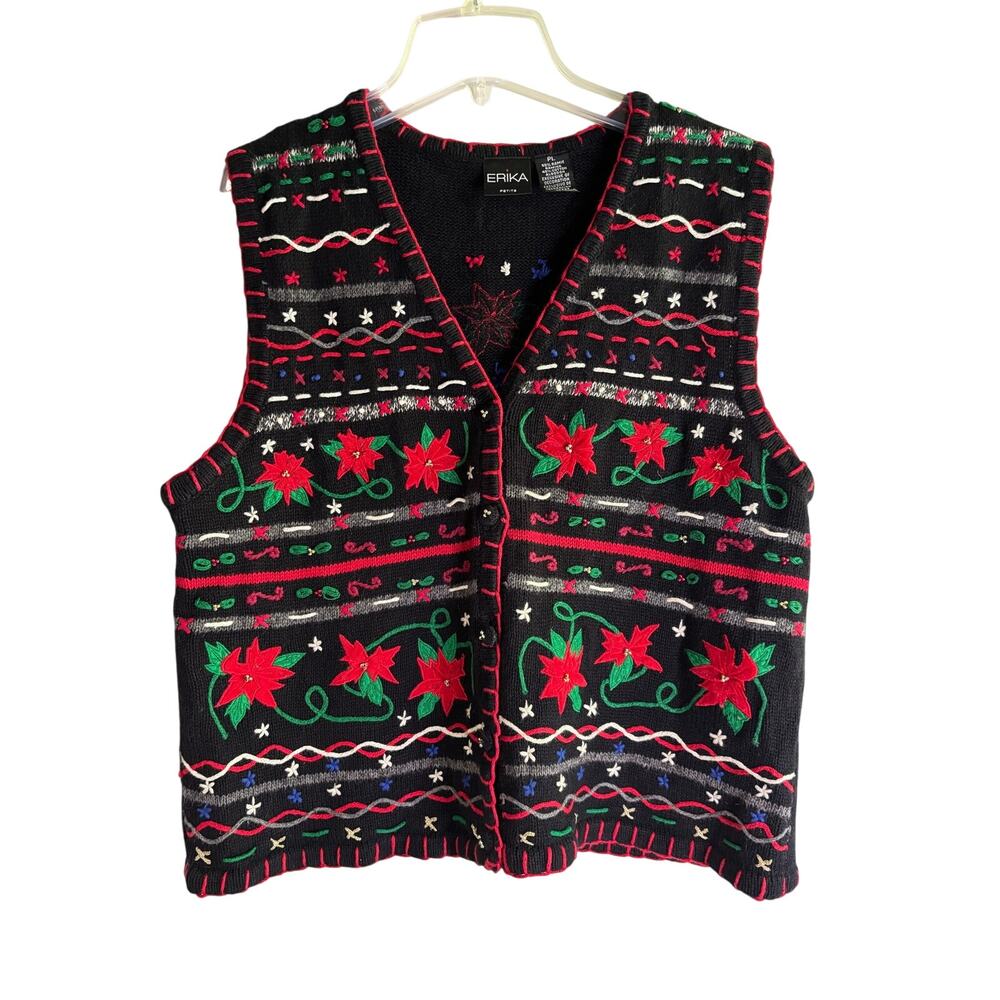 Erika Petite Ugly Christmas Sweater Vest Womens Large Embroidered Poinsettia